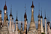 Rows of stupas in the Kakku (Kekku) Pagoda complex. The complex was kept hidden from the rest of the world until 2002 when it was opened to foreigners. Shan State, Burma (Myanmar). 